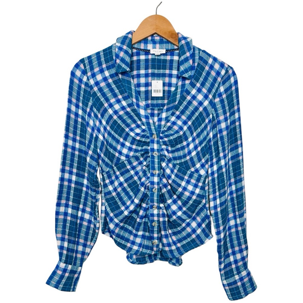 Anthropologie Pilcro Ruched Button Down Shirt Size XXS Collared Keaton Plaid NWT